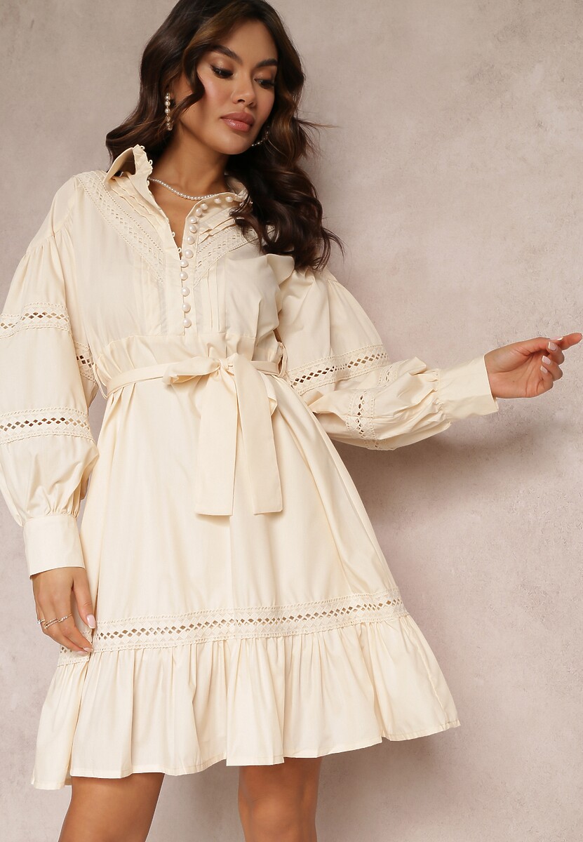 Fioletowa Koszulowa Sukienka z Perłowymi Guzikami i Koronkowymi Wstawkami Shyanne