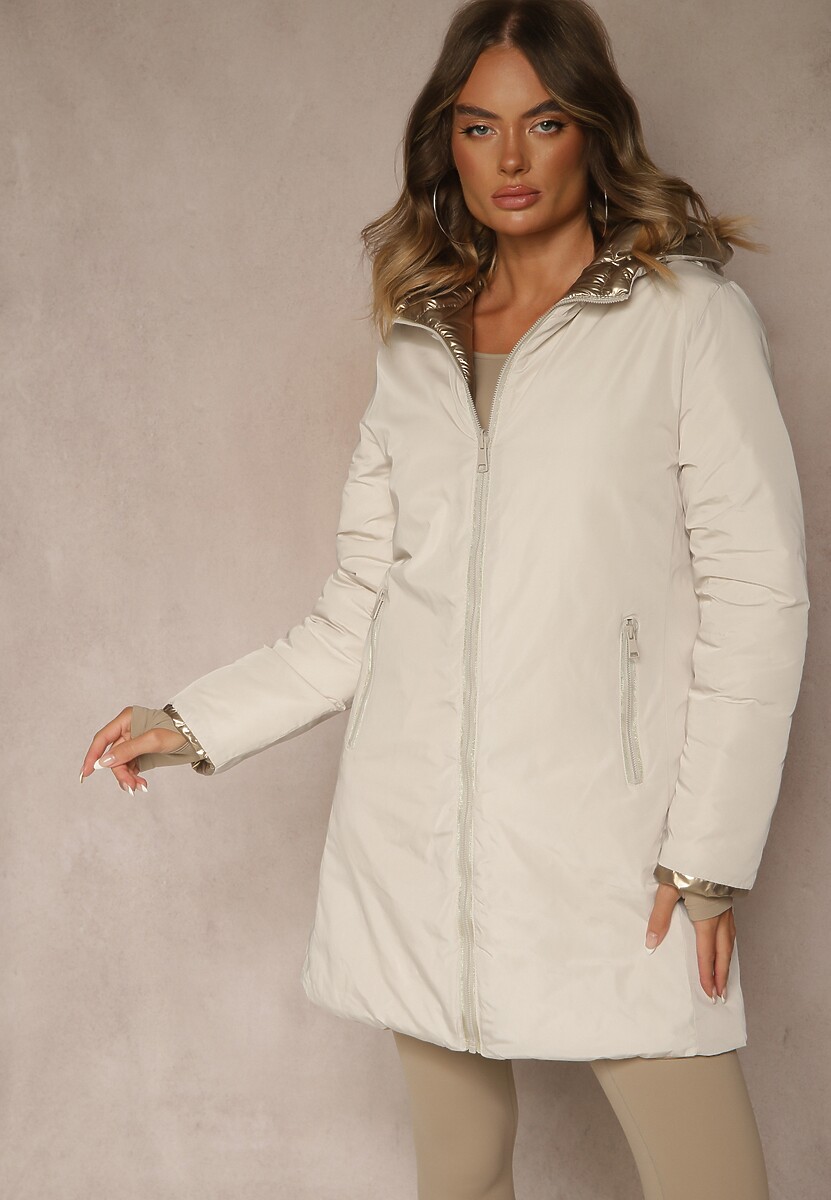 Granatowa Dwustronna Kurtka z Kapturem i Pikowanymi Przeszyciami Alirrise