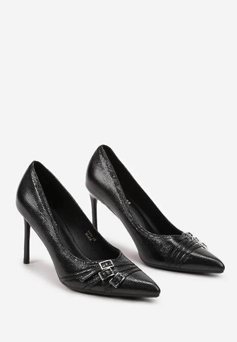 Czarne Klasyczne Szpilki z Noskiem w Szpic Ozdobionym Klamerkami i Paseczkami Railanne