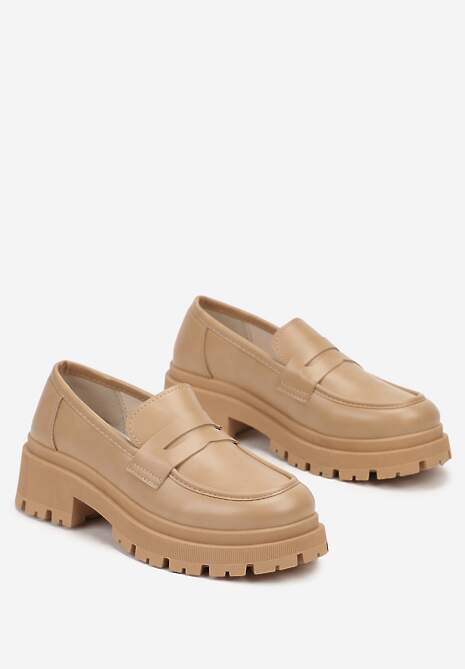 Ciemnobeżowe Eleganckie Mokasyny na Grubej Podeszwie z Tłoczeniami Naiveen