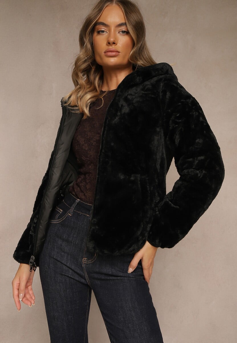 Czarna Dwustronna Kurtka z Pikowanymi Przeszyciami i Kapturem Tianessa