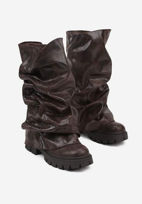 Brązowe Botki na Platformie Ozdobione Wywiniętą Cholewką Nenalea