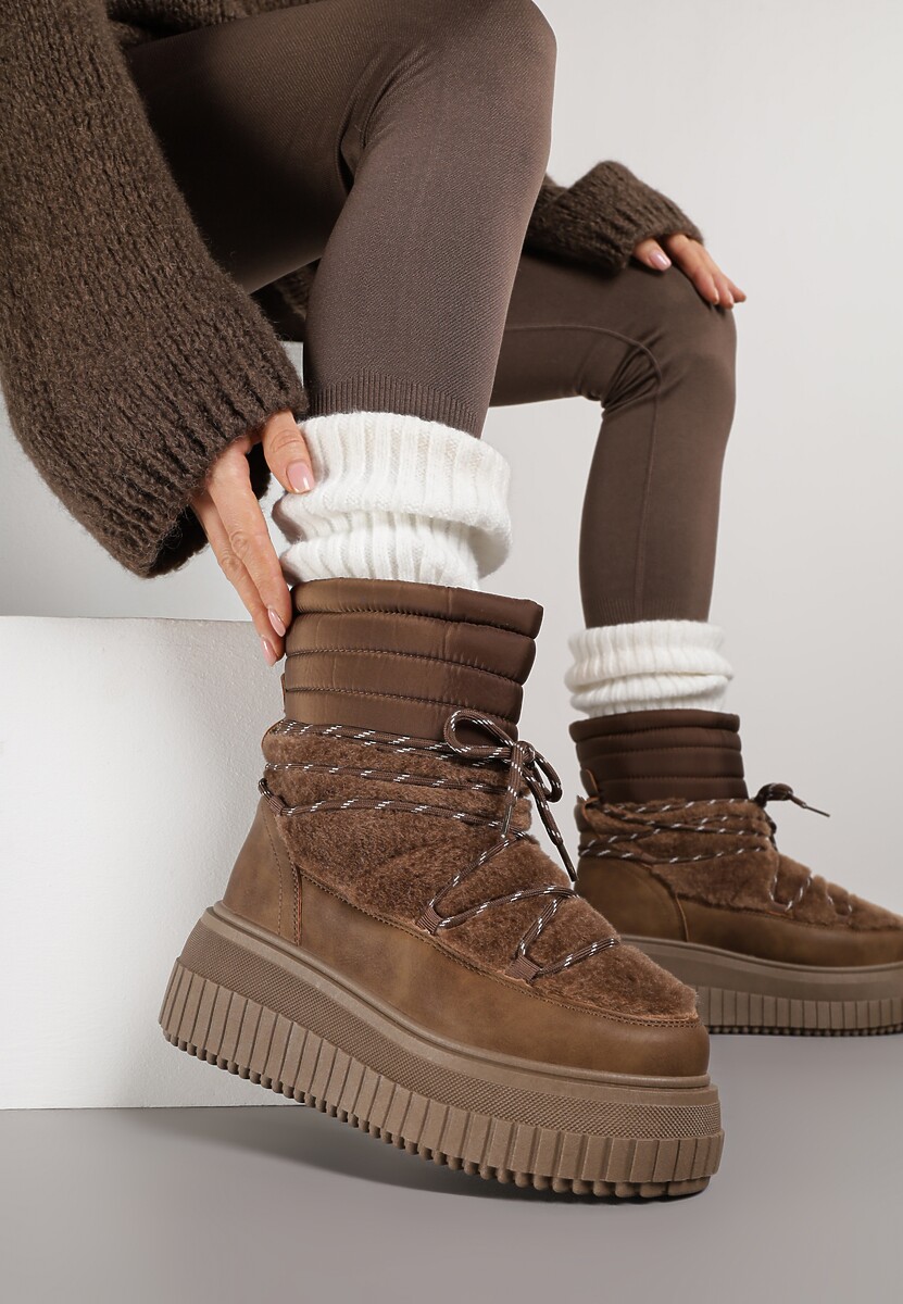 Brązowe Śniegowce na Platformie z Tłoczeniem Ozdobione Futerkiem i Pikowaniem Adallie