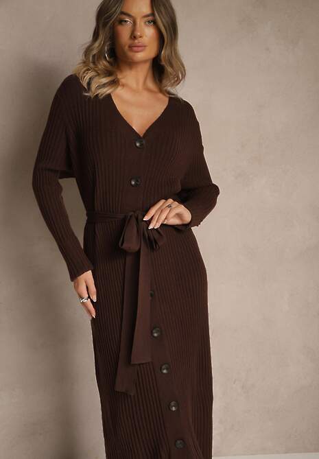 Brązowa Prążkowana Sukienka Dzianinowa z Domieszką Wełny Zapinana na Guziki Nalemma