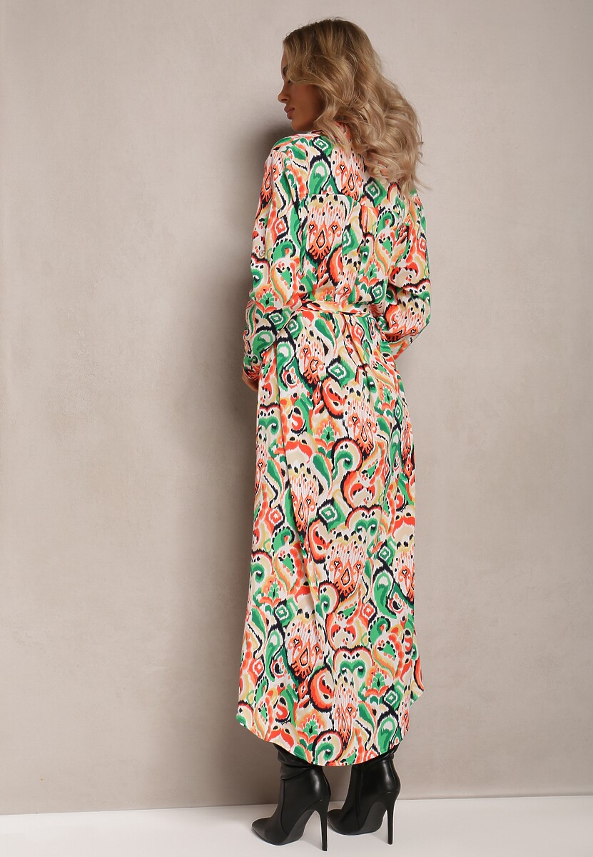 Zielono-Pomarańczowa Koszulowa Sukienka Maxi z Wiązanym Paskiem Tiamella