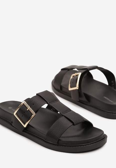 Czarne Geometryczne Klapki z Metaliczną Sprzączką Finvanis