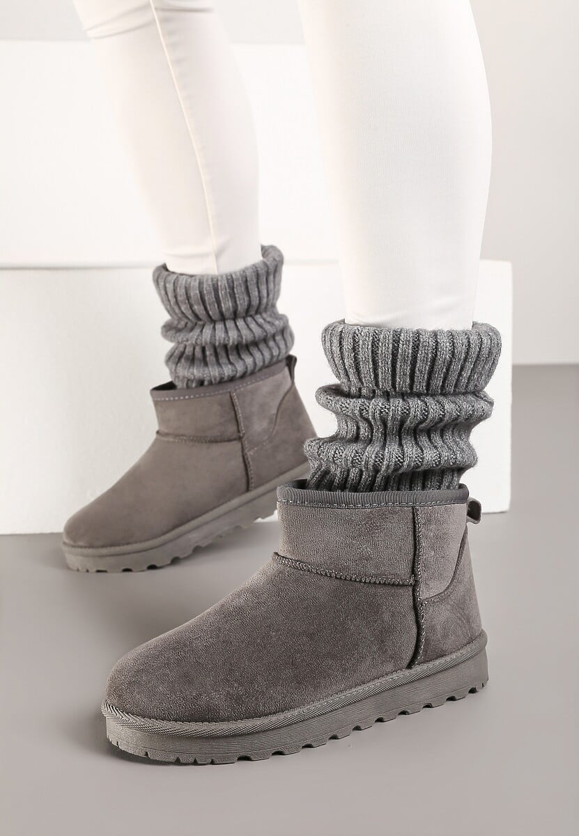 Szare Casualowe Ocieplane Śniegowce na Płaskiej Podeszwie Emelunetta