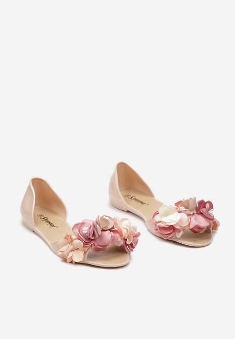 Beżowe Otwarte Balerinki z Aplikacją z Kwiatami Anlofi