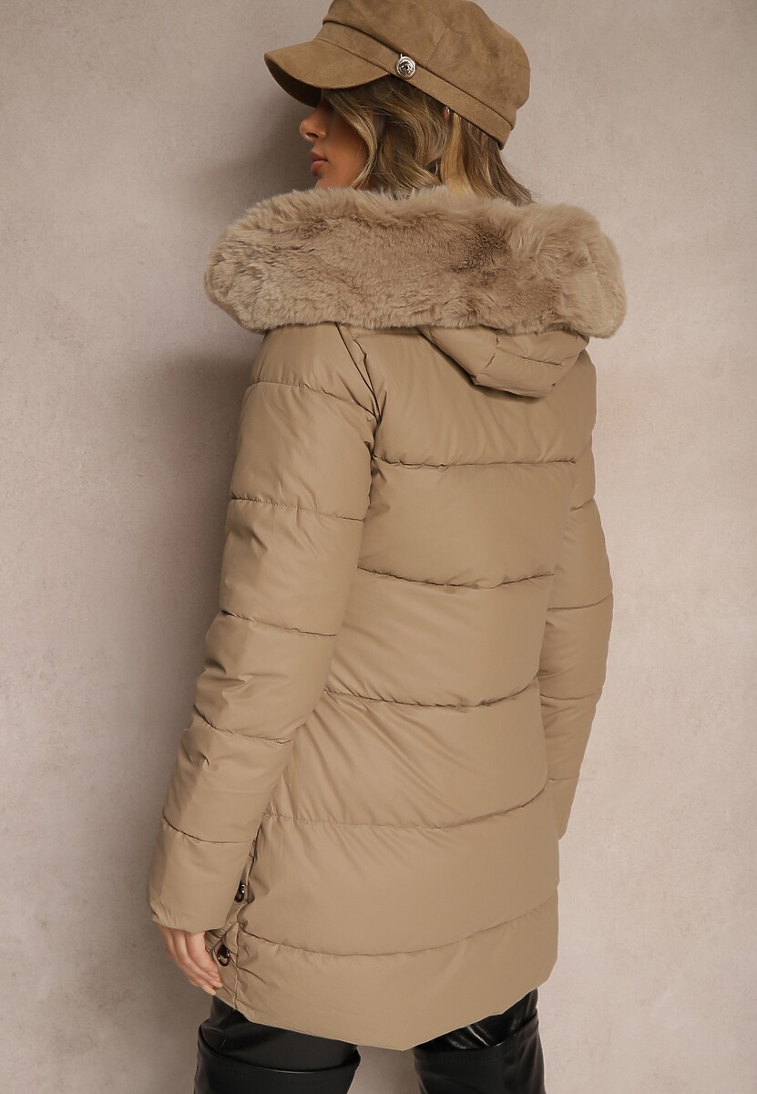 Beżowa Zimowa Kurtka Pikowana Ozdobiona Futrzanym Kołnierzem Elladriel