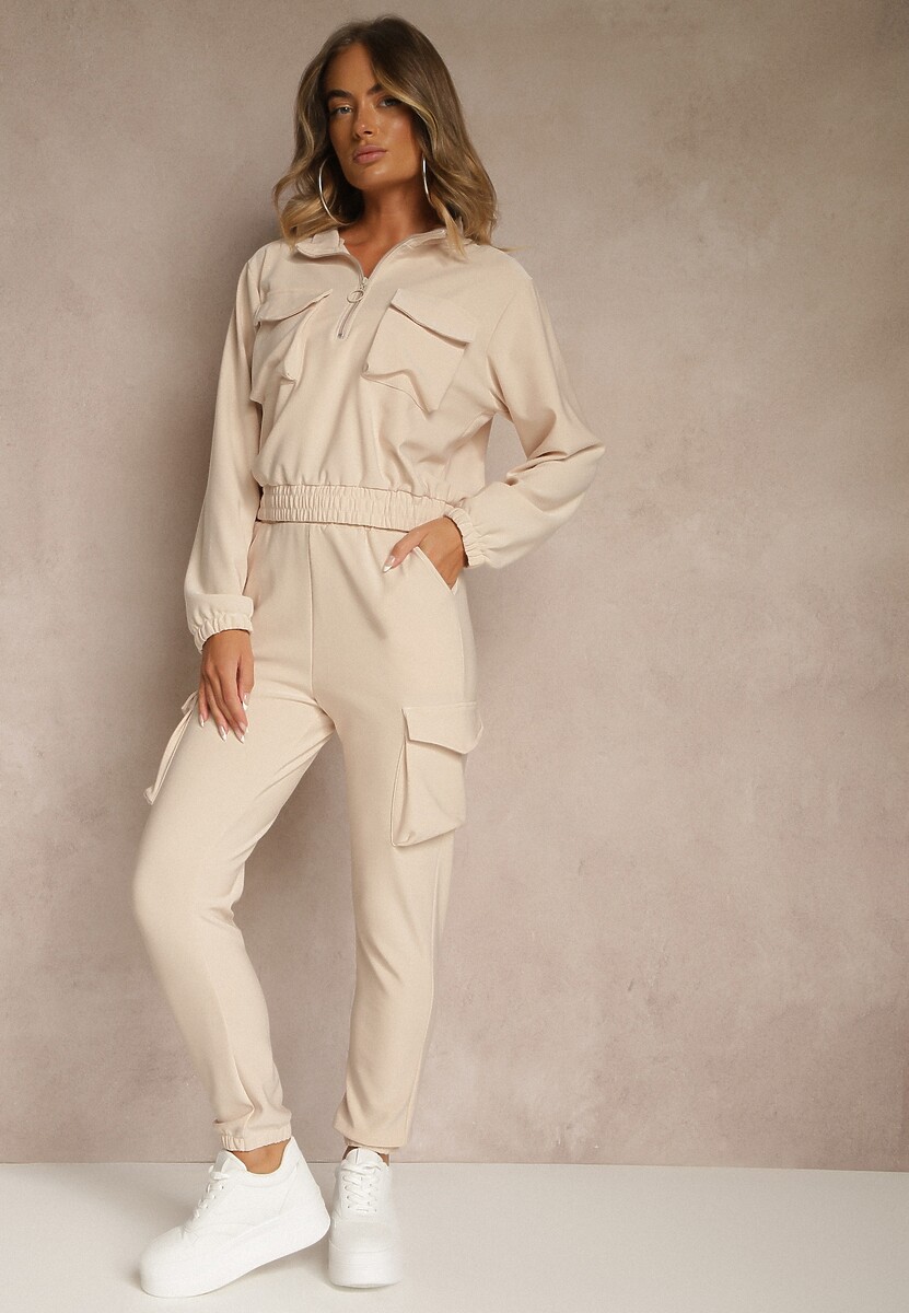 Beżowy Komplet Dresowy Cargo Bluza ze Stójką i Spodnie Jogger Litene