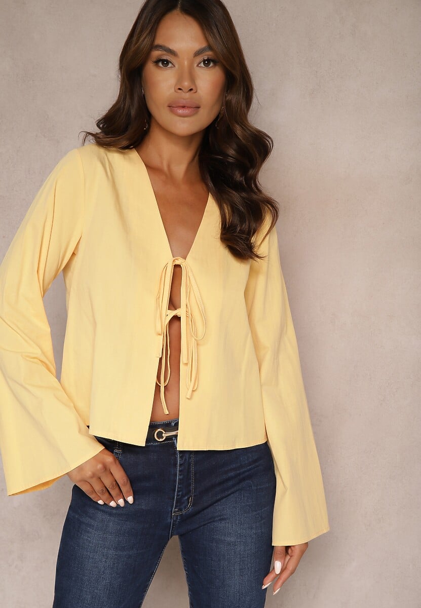 Fioletowa Bluzka z Bawełny Narzutka z Wiązaniami i Rękawami Typu Nietoperz Delorea