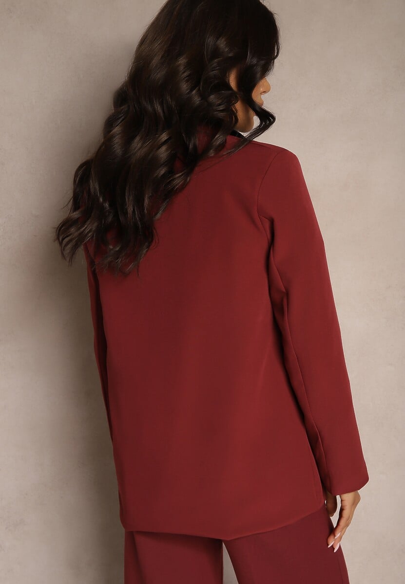 Bordowa Niezapinana Marynarka o Prostym Kroju z Imitacją Kieszeni i Podszewką w Cętki Sartea