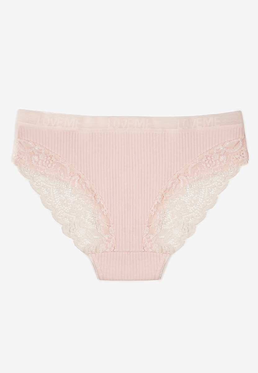 Jasnoróżowe Bawełniane Majtki Figi z Prążkowanej Tkaniny z Koronką Erqelia