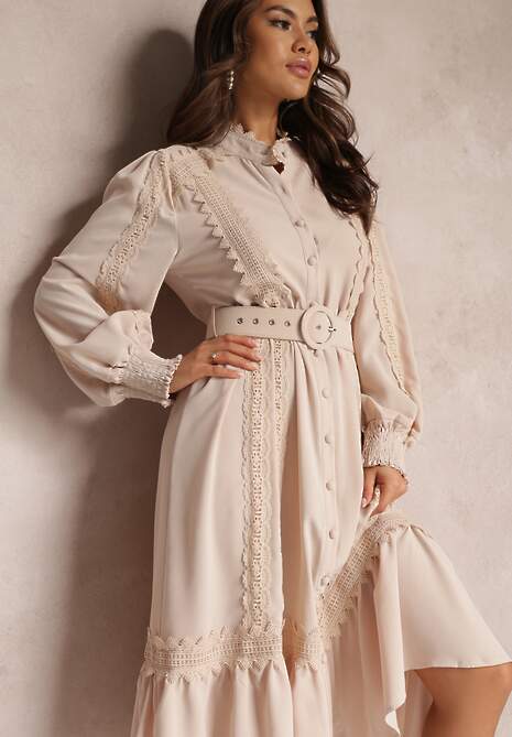 Beżowa Koszulowa Sukienka Midi z Koronką i Paskiem z Klamrą Tocotte