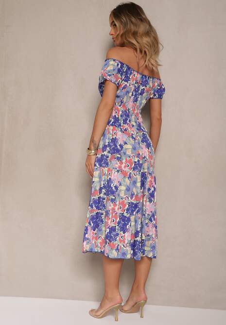 Niebiesko-Biała Sukienka Midi z Krótkim Rękawem z Wiskozy w Kwiaty Emena