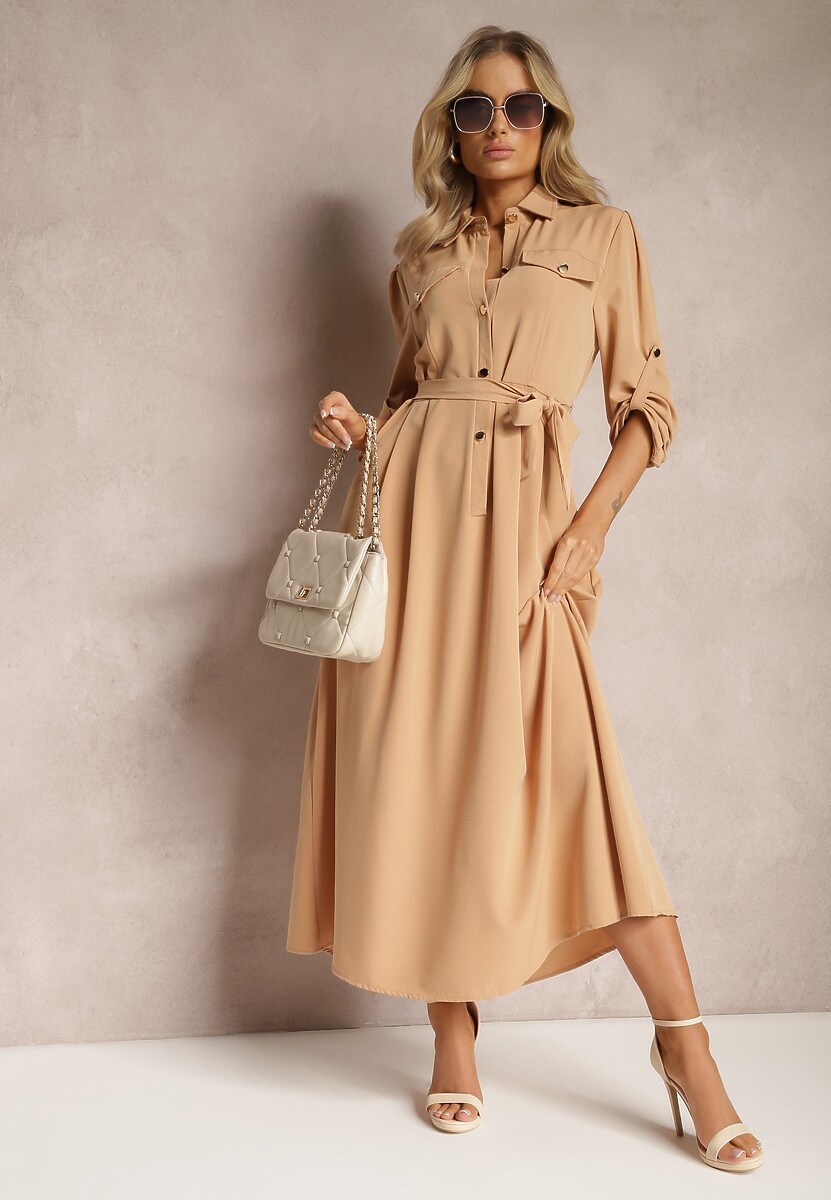 Jasnozielona Długa Sukienka z Rozkloszowanym Dołem i Koszulową Górą Kitesi