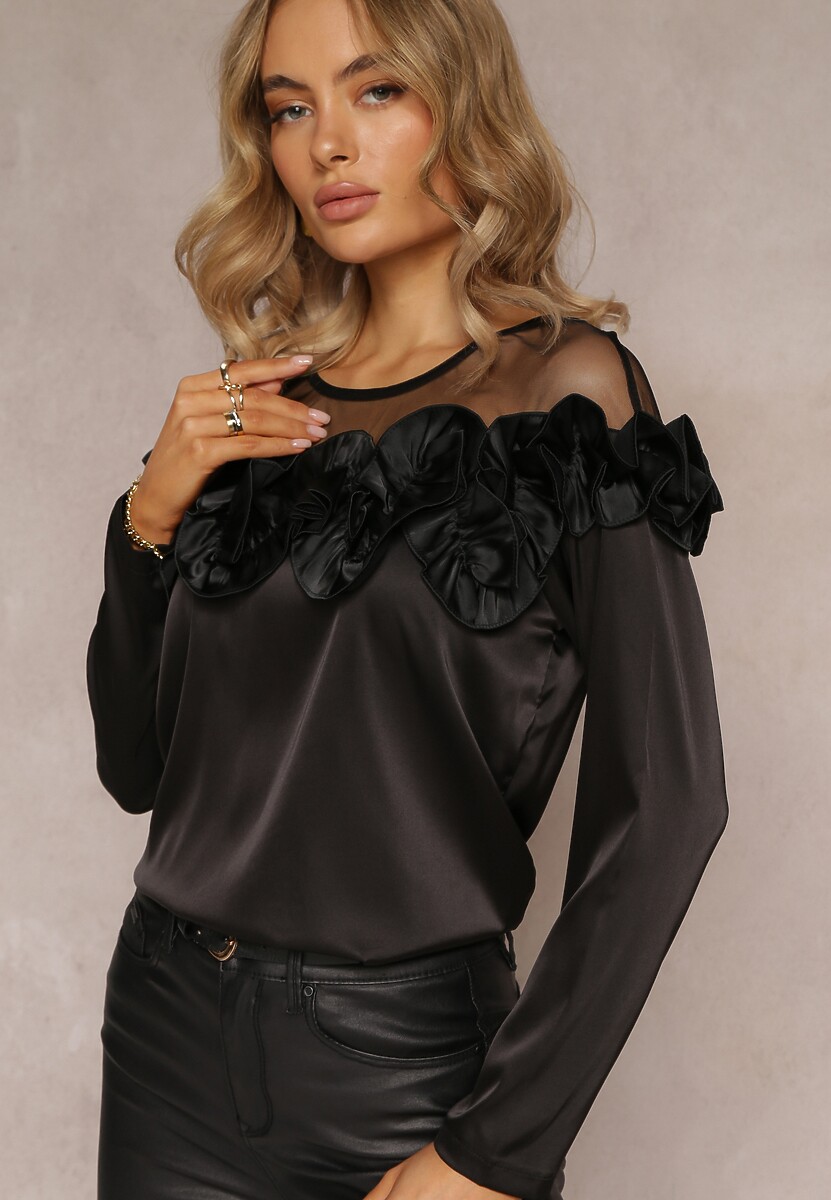 Czarna Satynowa Bluzka z Siateczki i Falbankami Faelira
