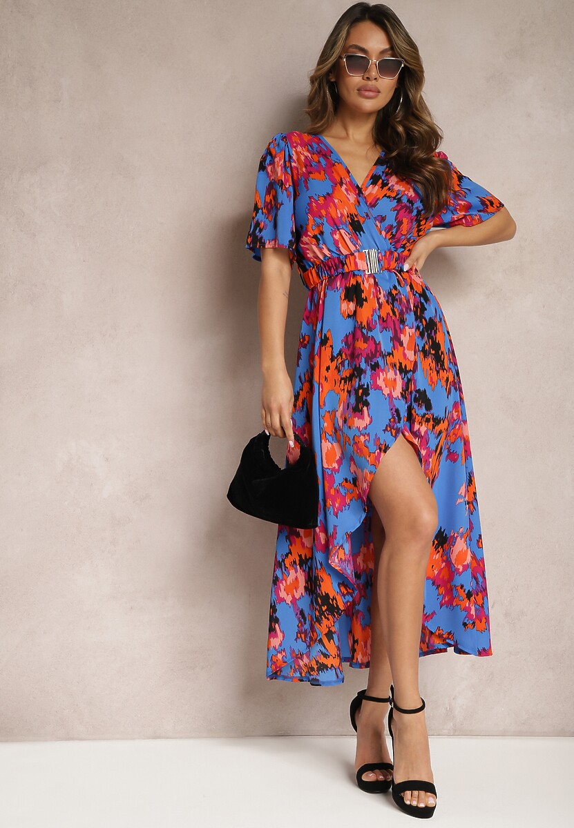 Biało-Zielona Asymetryczna Sukienka z Gumką w Pasie i Kopertowym Dekoltem Perlana