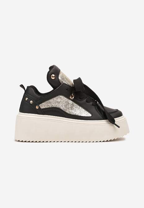 Czarne Sneakersy na Platformie Ozdobione Nitami i Metalicznymi Elementami Azista