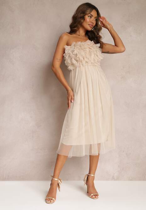 Beżowa Tiulowa Sukienka bez Ramiączek z Falbankami Tremone