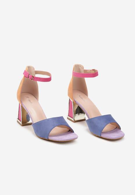 Niebiesko-Różowe Sandały z Ekoskóry na Słupku z Metalicznym Wykończeniem Zapinane przy Kostce Dannesia