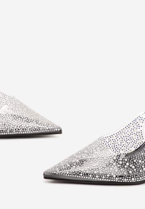 Czarne Przezroczyste Sandały na Obcasie z Odkrytą Piętą i Cyrkoniami Neliri