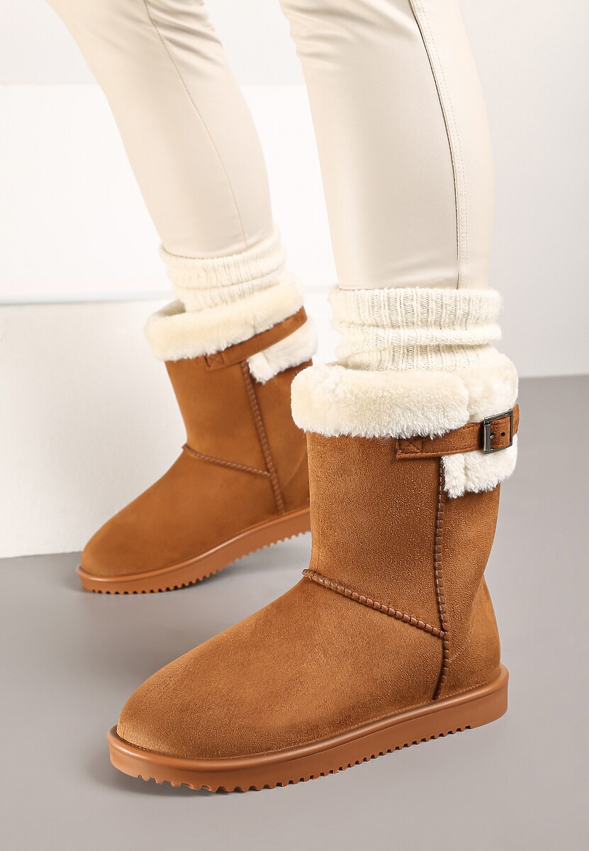 Brązowe Śniegowce z Ekozamszu Zdobione Futerkiem i Paskiem ze Sprzączką Leathor