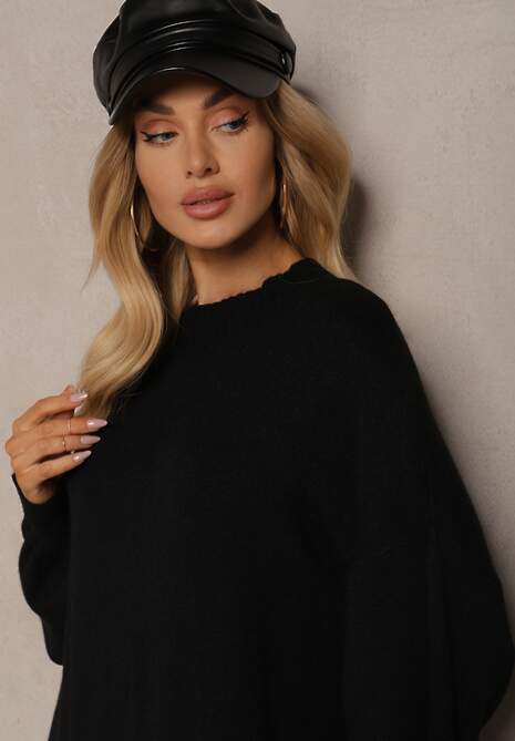 Czarna Pudełkowa Sukienka z Wiskozą i Półgolfem Salindra