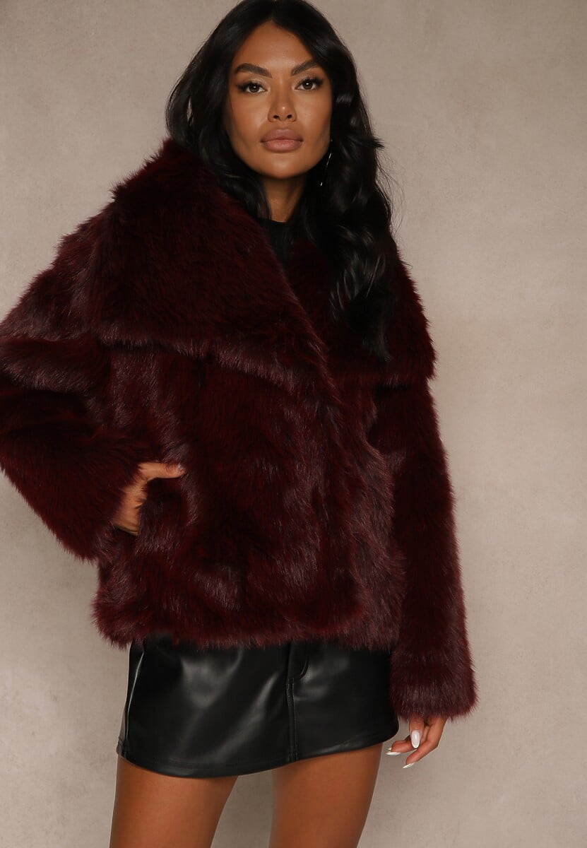 Bordowa Kurtka Futro z Długim Włosiem Zelita