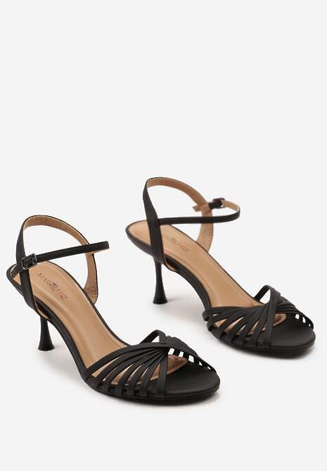 Czarne Sandały z Imitacji Skóry na Niskiej Szpilce ze Sprzączką Marique