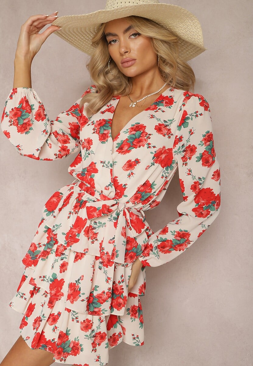 Biało-Zielona Rozkloszowana Sukienka Kopertowa z Falbankami i Materiałowym Paskiem w Kwiaty Voliesa