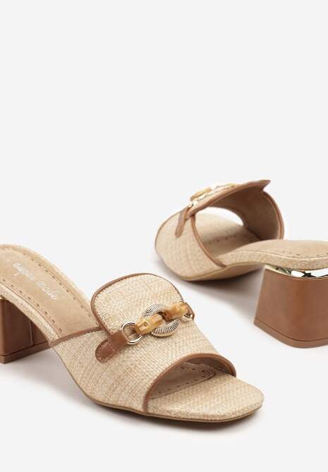 Beżowe Tweedowe Klapki na Słupkowym Obcasie z Wkładką ze Skóry Naturalnej Selkio