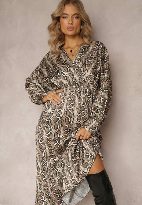 Jasnobeżowa Sukienka w Panterkę z Kopertowym Dekoltem Balme