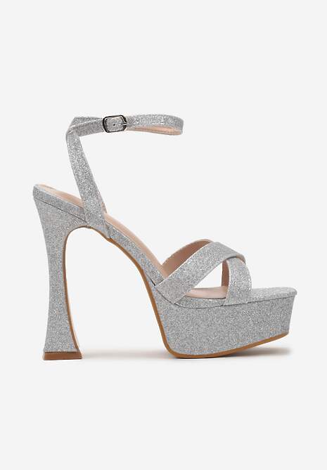 Srebrne Brokatowe Sandały na Klepsydrowej Szpilce i Wysokiej Platformie Zarissa