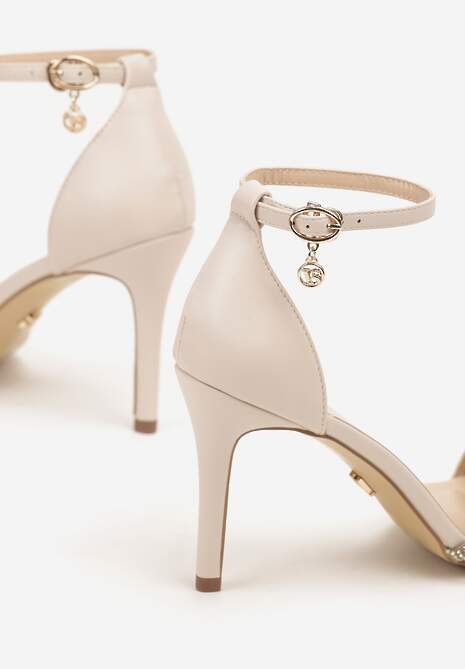 Jasnobeżowe Sandały na Szpilce Vices Ozdobione Paskiem z Cyrkonii Linarunia