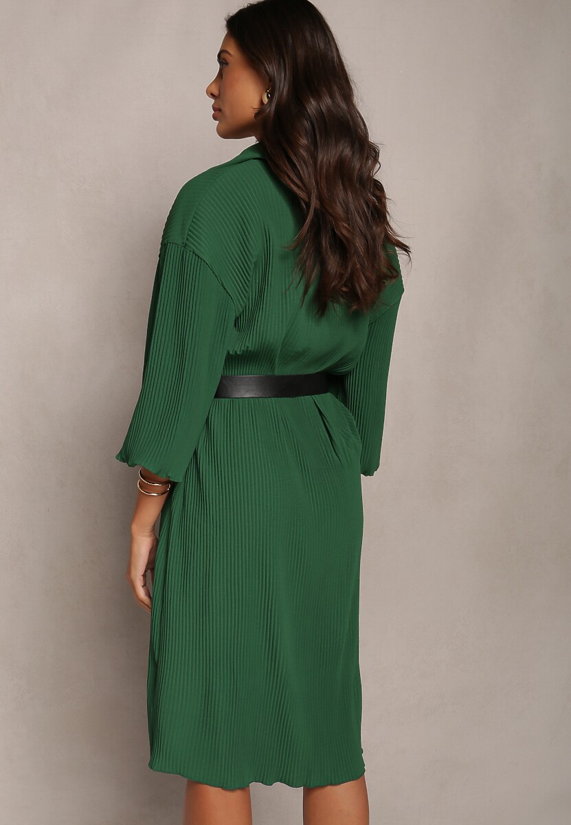 Ciemnozielona Plisowana Sukienka Midi z Kołnierzem i Guzikami Danitza