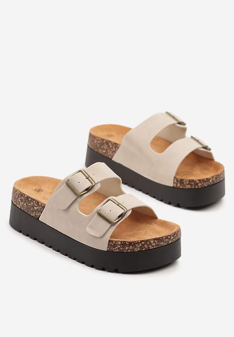 Beżowe Klapki na Platformie z Korka Ozdobione Klamrami Ravilisse