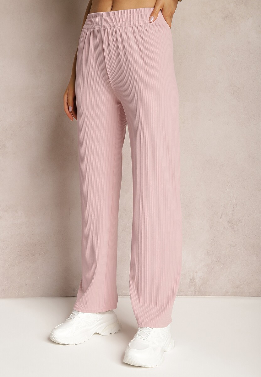 Różowe Szerokie Spodnie z Delikatnie Prążkowanego Materiału Kasaida