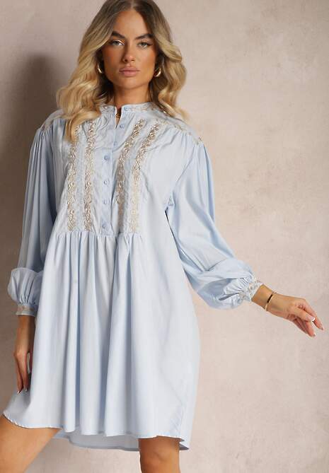 Niebieska Haftowana Sukienka Midi o Pudełkowym Fasonie z Długim Rękawem Rosen