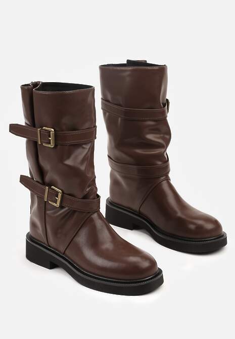 Brązowe Botki Biker Boots z Marszczoną Cholewką i Paskami ze Sprzączkami Sinesa