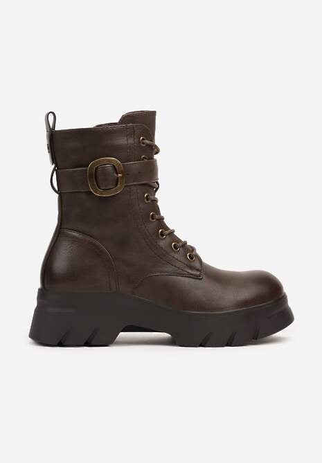 Ciemnobeżowe Botki w Stylu Workerów na Grubej Podeszwie Berimona