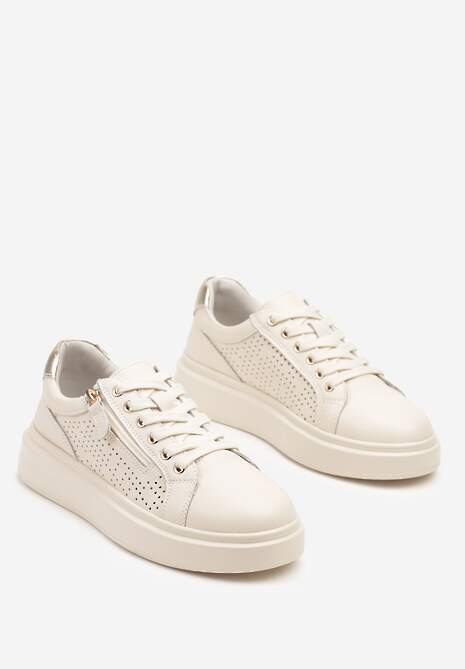 Beżowe Sneakersy ze Skóry Naturalnej ze Skórzaną Wkładką i Perforacją Falothra