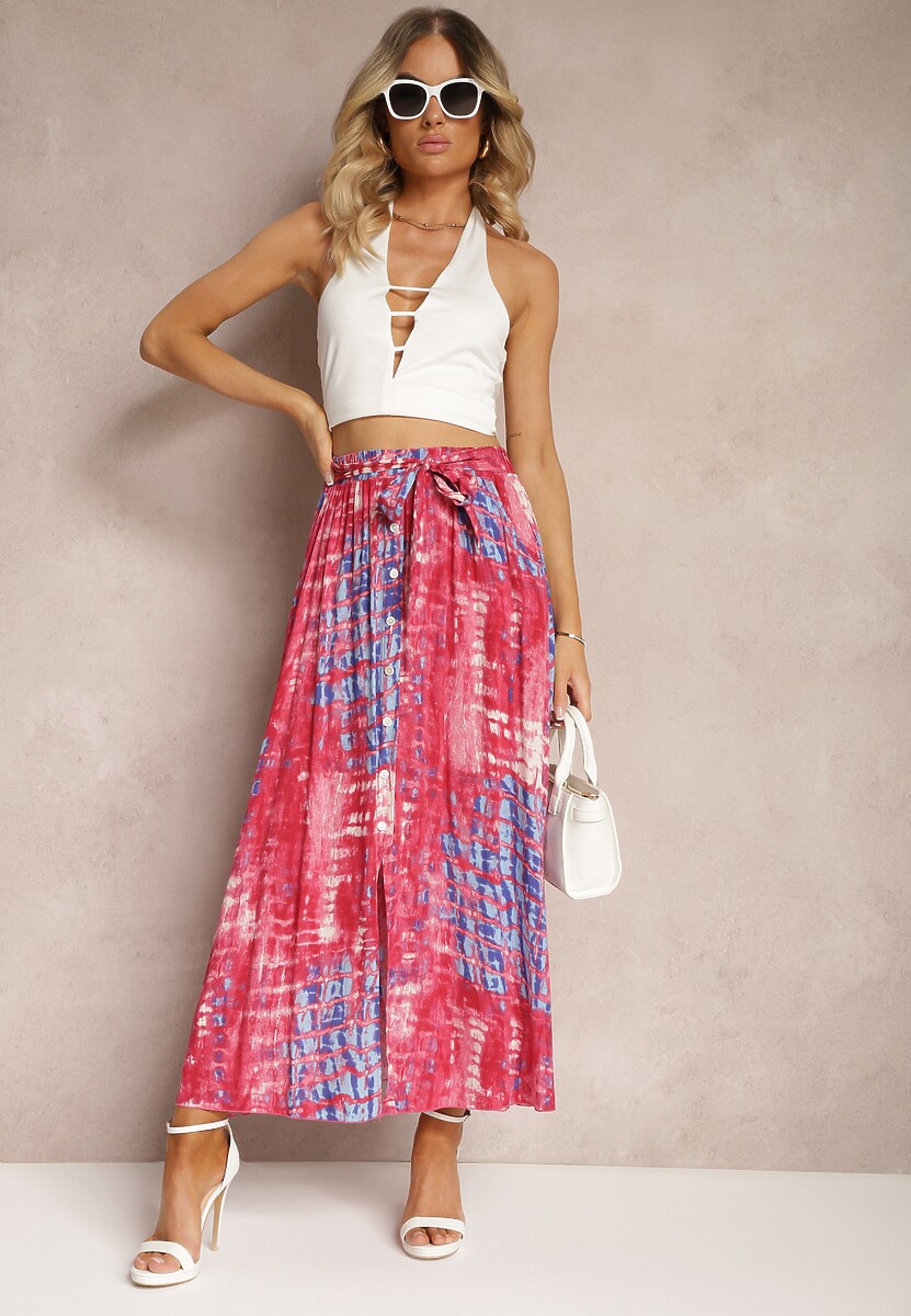 Różowa Rozkloszowana Spódnica z Wiskozy z Nieodpinanymi Ozdobnymi Guzikami Zafina