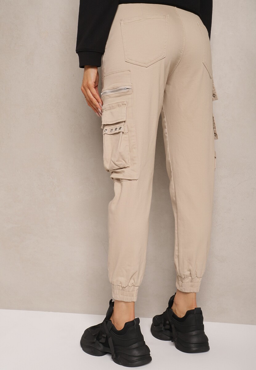 Beżowe Bawełniane Spodnie Bojówki z Gumką w Talii i Kieszeniami Zolarae