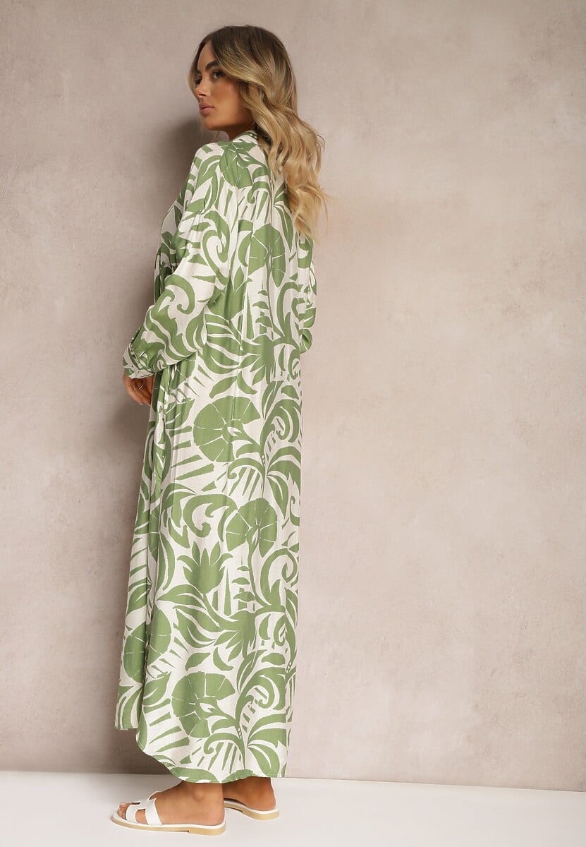 Zielona Rozkloszowana Sukienka w Kroju Szmizjerki z Zapięciem na Guziki i Falbanką Kelloena