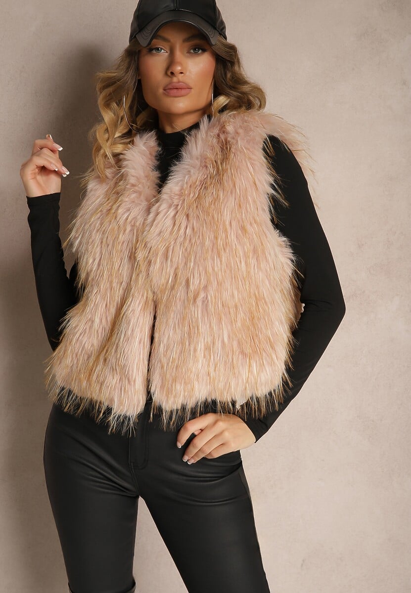 Beżowa Niezapinana Kamizelka Futerko Heleeti