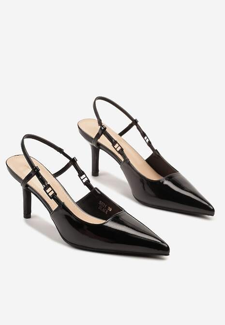 Czarne Lakierowane Sandały na Szpilce ze Spiczastym Noskiem Odelna