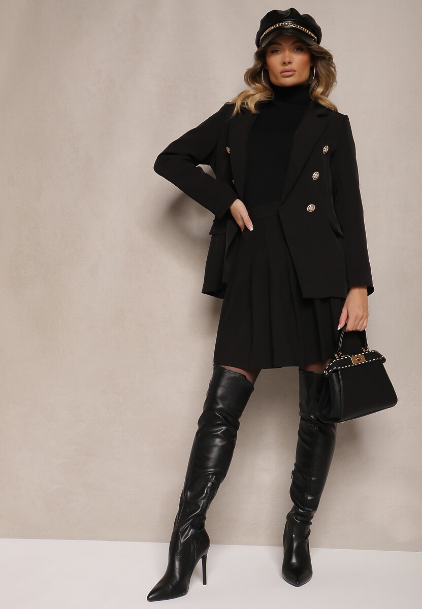 Czarna Spódnica z Wiskozą o Rozkloszowanym Kroju z Plisami i Gumką w Pasie w Stylu Preppy Iliola