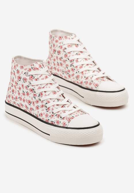Różowe Trampki z Wysoką Cholewką Zdobione Kwiatowym Printem Folellia