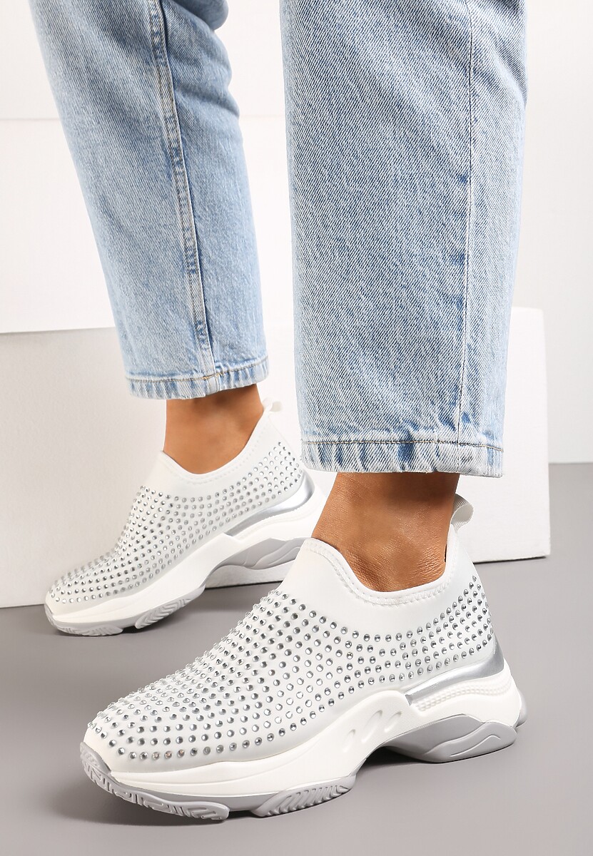 Białe Buty Sportowe na Grubej Podeszwie w Cyrkonie Elerene